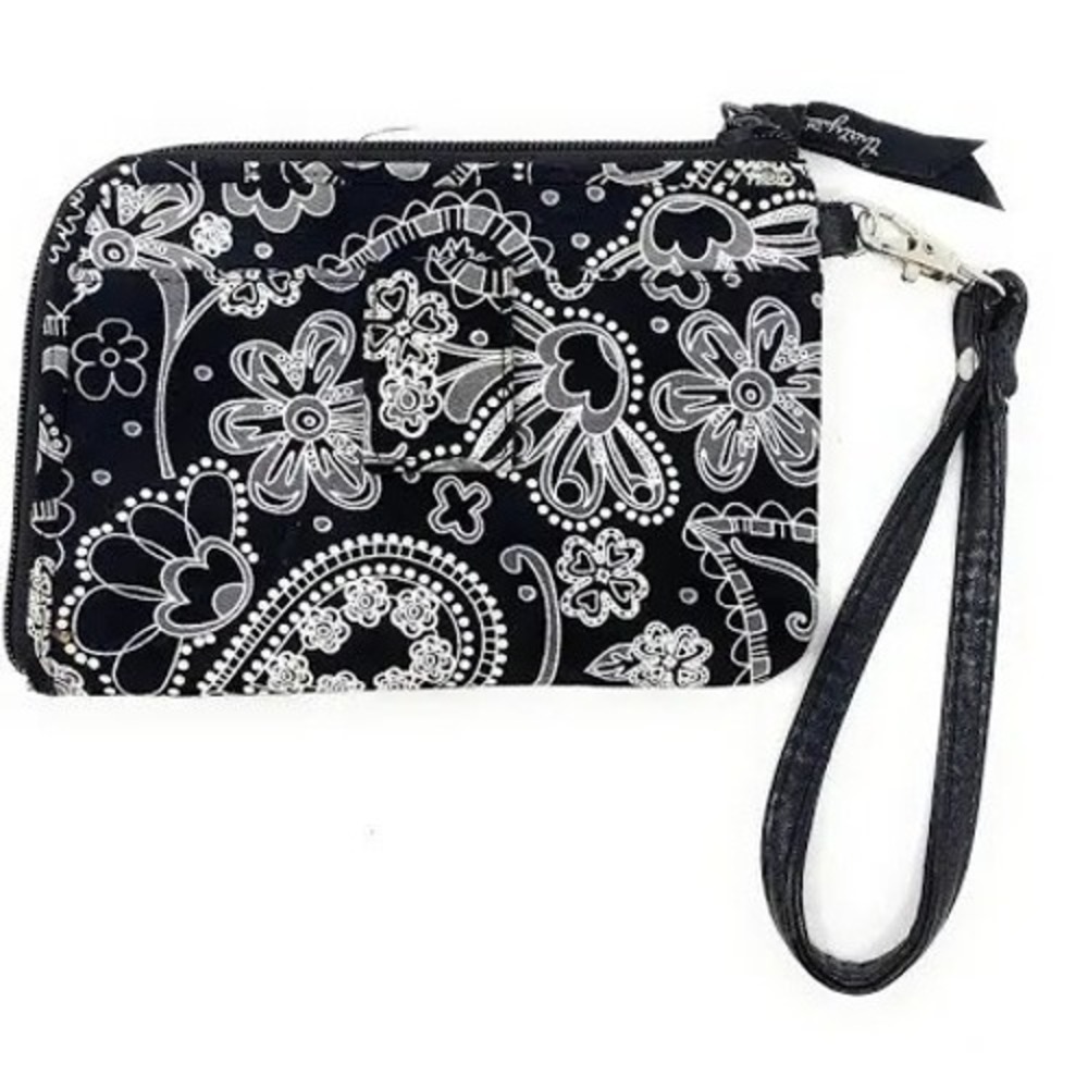Thirty-One Black White Paisley Floral Wristlet Wallet Zipper Clutch Organizer